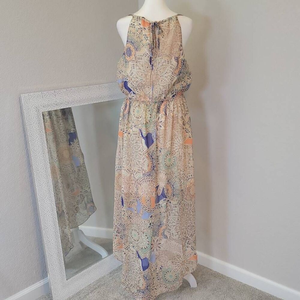 Miss Me Beige Lace Midi Dress with Blue and Orange Accents - Picture 3 of 8